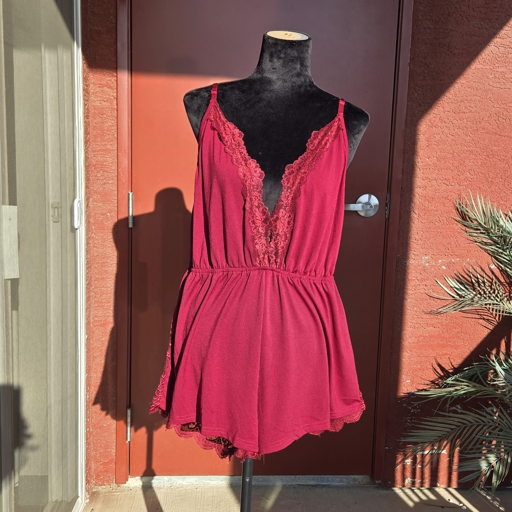 Shein Burgundy Butterfly lace back romper